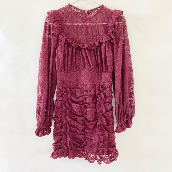 Lace Embroidered Sheer Detail Ruffle Ruched High Waist Mini Dress Maroon Small - Picture 6 of 14